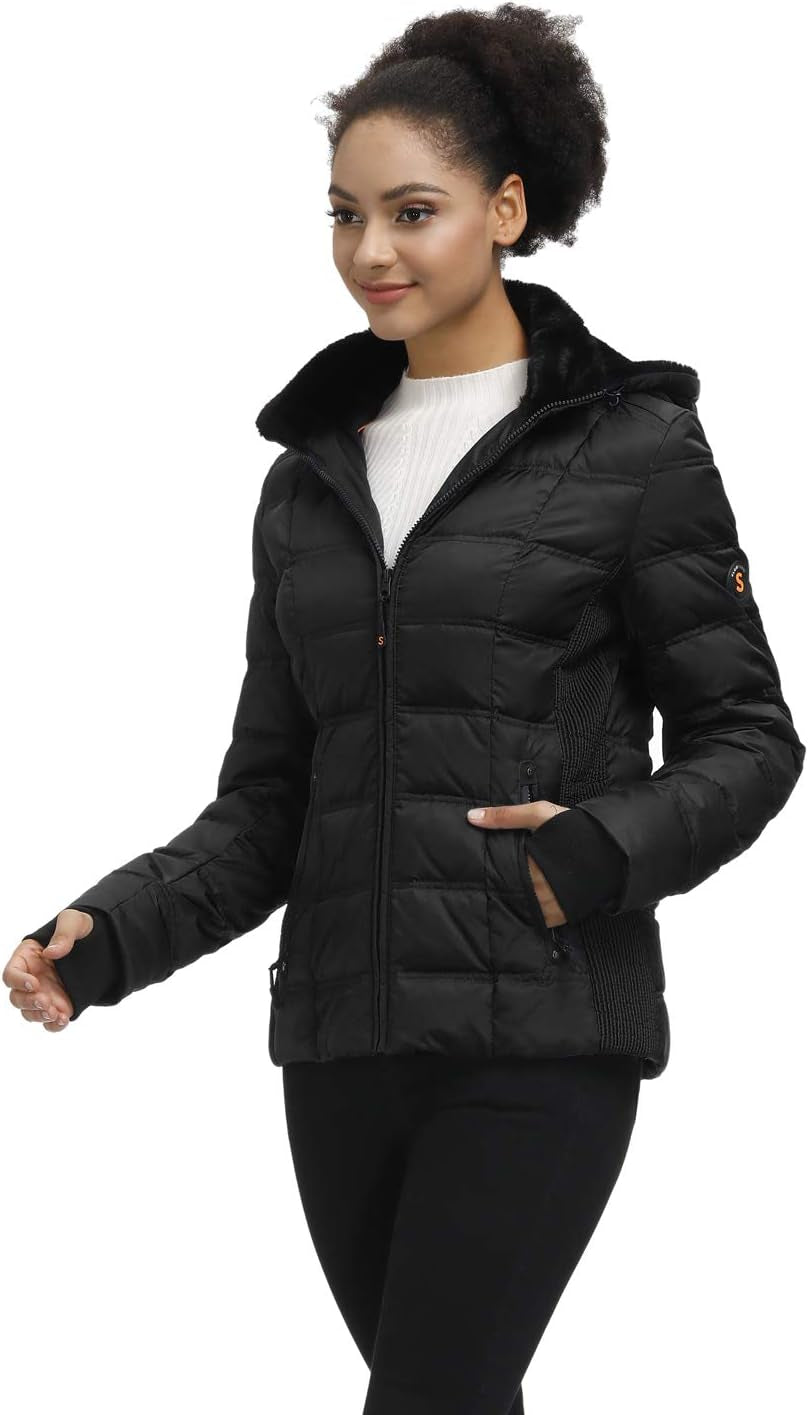 Women's Warm Hooded Down Puffer Jacket with Faux-Fur Trim