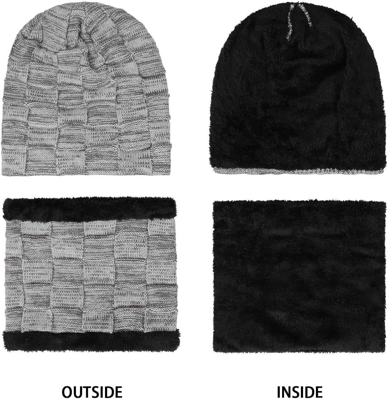 Mens Winter Beanie Hats Scarf Set Warm Knit Skull Cap Neck Warmer with Fleece Lined Winter Hat for Women