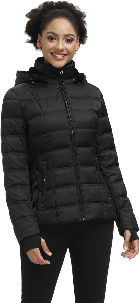 Women's Warm Hooded Down Puffer Jacket with Faux-Fur Trim