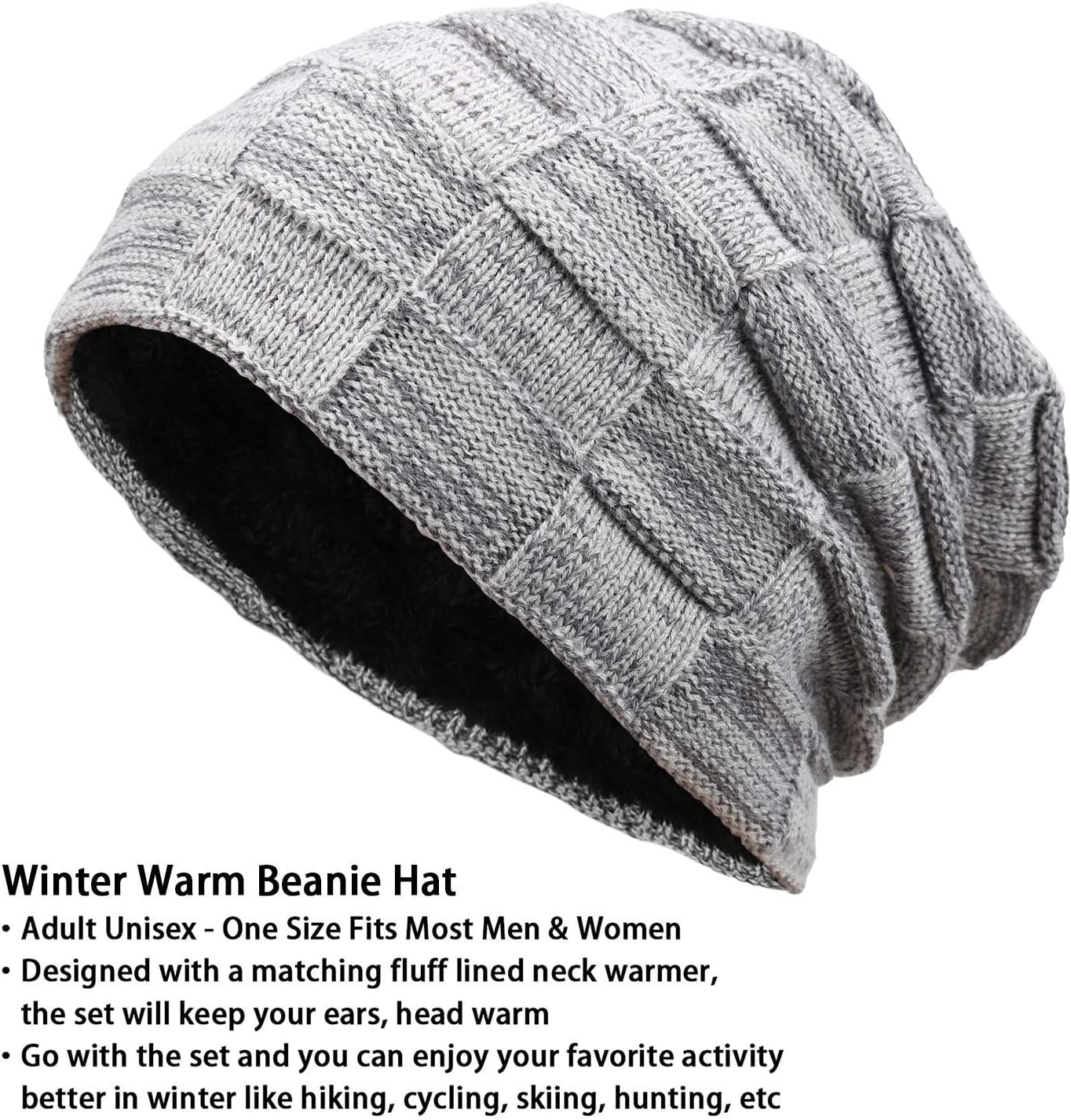 Mens Winter Beanie Hats Scarf Set Warm Knit Skull Cap Neck Warmer with Fleece Lined Winter Hat for Women