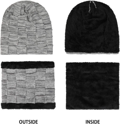 Mens Winter Beanie Hats Scarf Set Warm Knit Skull Cap Neck Warmer with Fleece Lined Winter Hat for Women