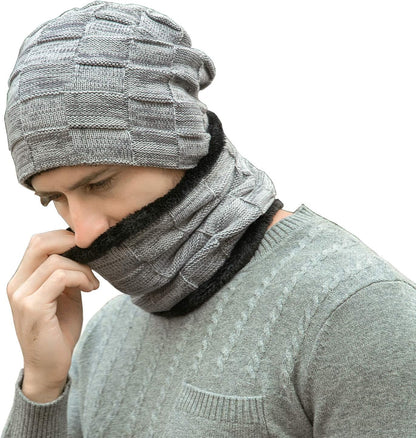 Mens Winter Beanie Hats Scarf Set Warm Knit Skull Cap Neck Warmer with Fleece Lined Winter Hat for Women
