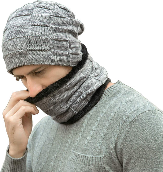 Mens Winter Beanie Hats Scarf Set Warm Knit Skull Cap Neck Warmer with Fleece Lined Winter Hat for Women